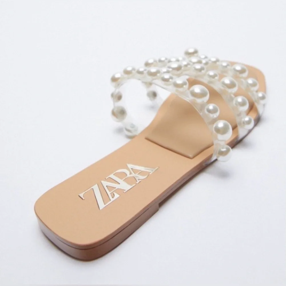 Zara Tan Pearl Embellished Sandals, Size 37(7) - Picture 4 of 10